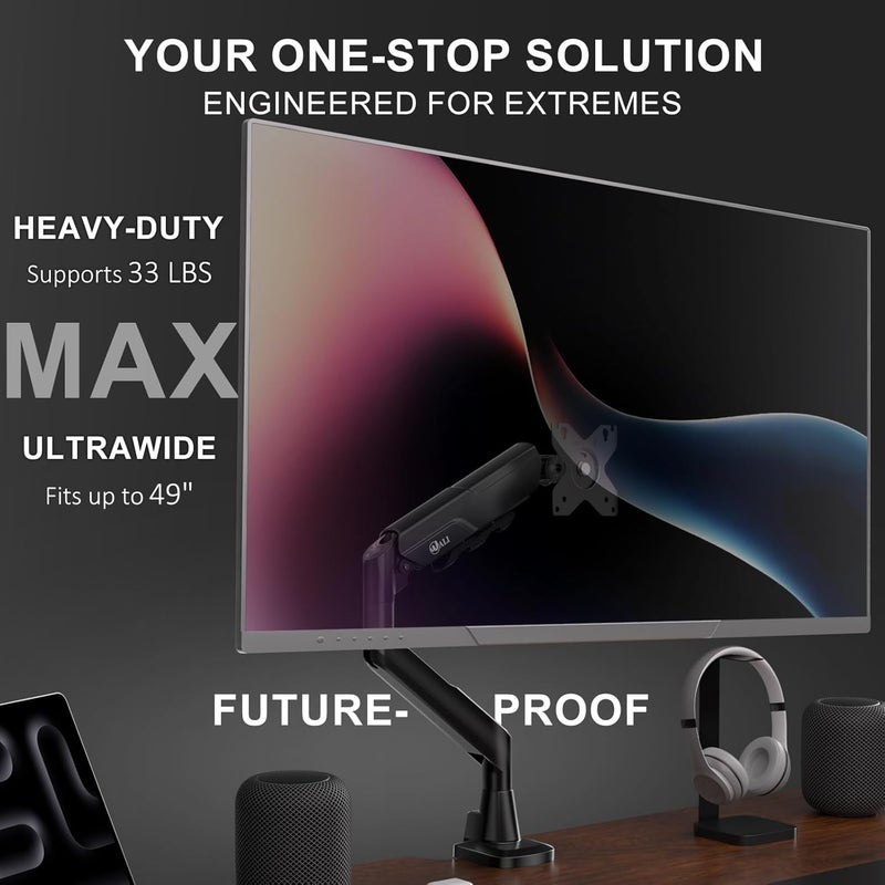 WALI Heavy Duty Single Monitor Arm for 17-49 Inch Flat Curved Ultrawide Screens, up to 33 Lbs, Adjustable Gas Spring Single Monitor Desk Mount for Home Office Gaming, VESA 75/100mm (GSM001XLN), Black - Image 2